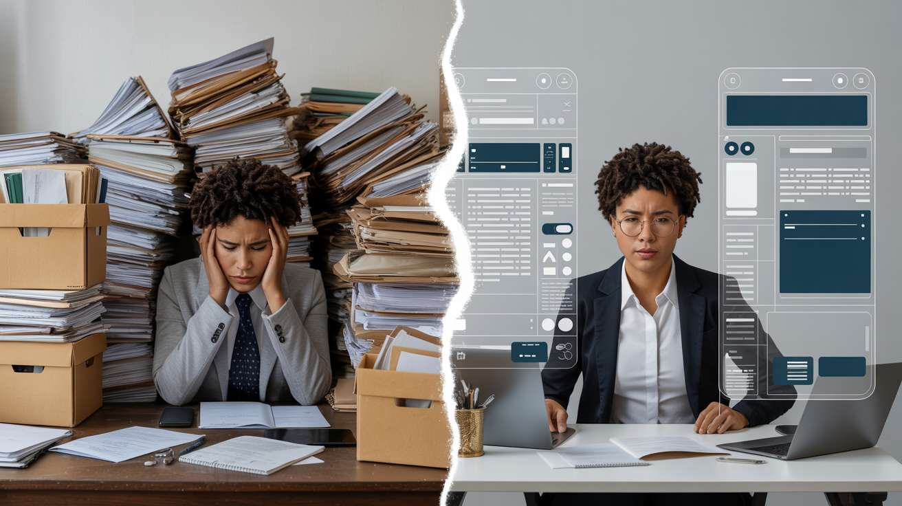Workflow transformation illustration showing journey from chaos to organized process